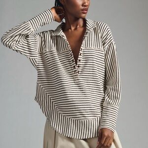 Anthropologie Pilcro Spliced Henley Striped Pullover with curved hem